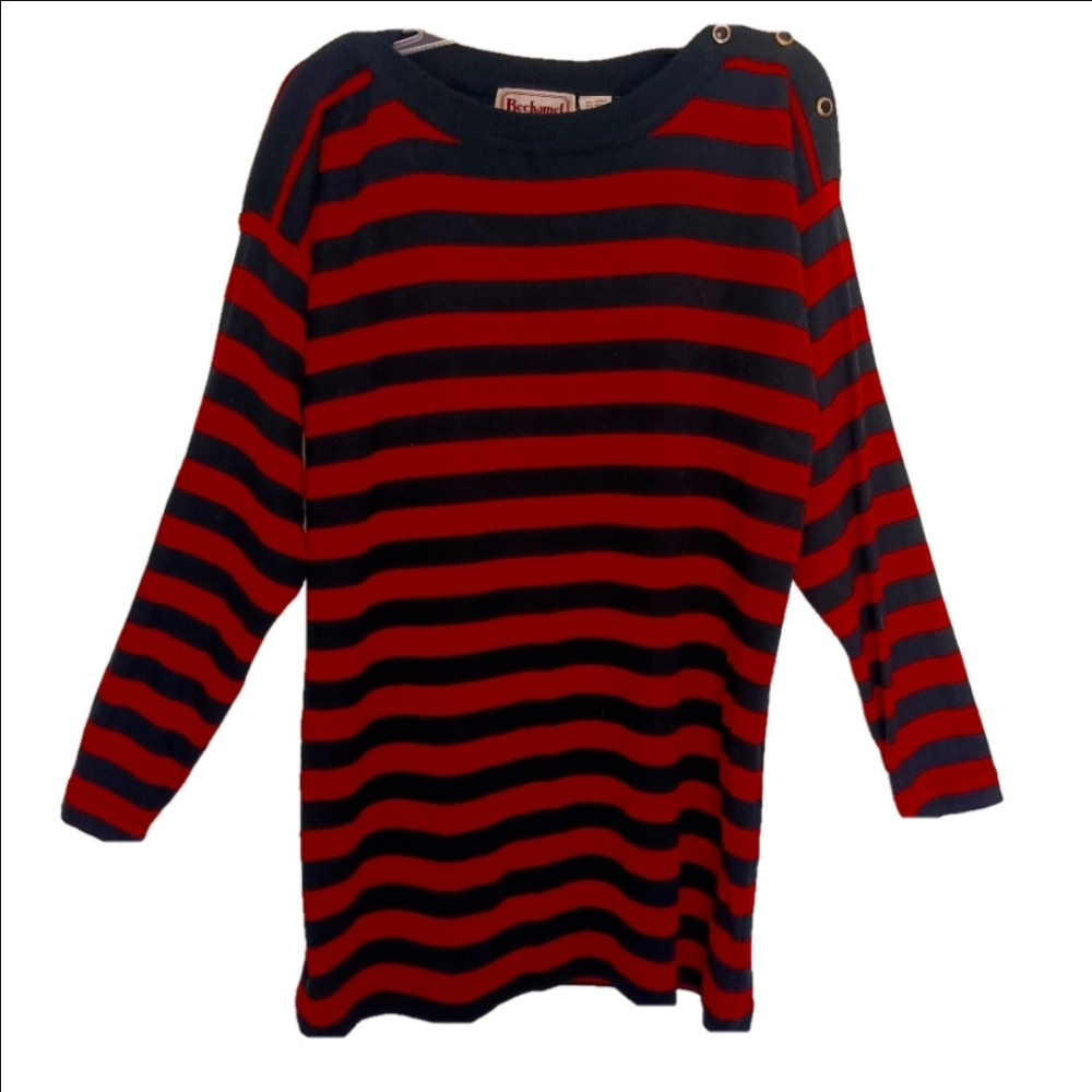 Bechamel Sweater Women's Size Large Wool Blend Black &‎ Red Strip Long Pullover